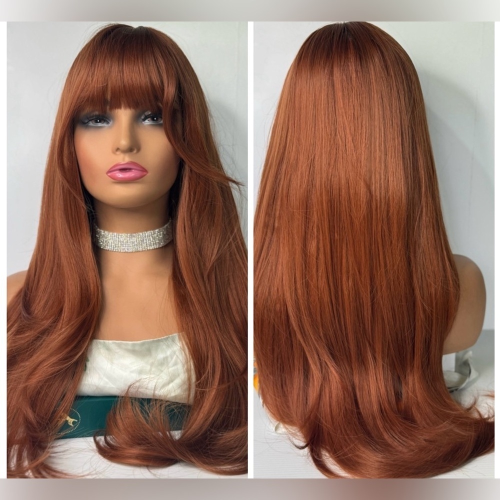 26 Inch Wavy Reddish long hair with bangs Natural looking wig